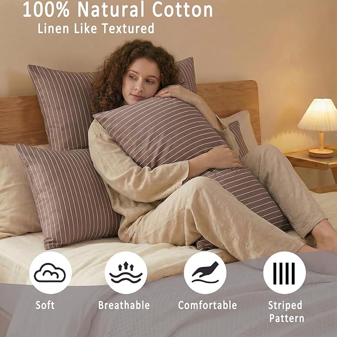 Merryword Striped Body Pillow Cover 20x54inches, 100% Cotton Long Pillowcase, Brown Striped Pillowcase, Soft Breathable Pinstripe Pillowcase, 1-Piece