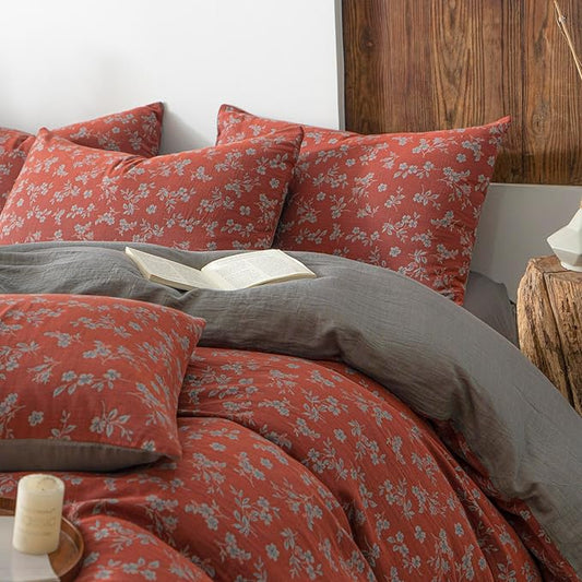 VM VOUGEMARKET Vintage Floral Duvet Cover Set King,Rust Red Double Layer Gauze Cotton Bedding, Soft Breathable Comforter Cover with Zipper Closure,3 Pieces
