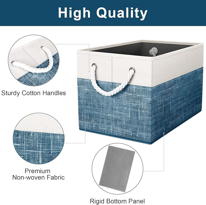 Fab totes Storage Bins 3-Pack, Foldable Storage Baskets for Organizing Toys, Books, Shelves, Closet, Large Storage Box with Rope Handles, Sturdy Organizer Bins, White & Blue