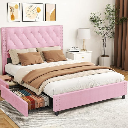 EVLIQUIL Bed Frame Queen Size with 4 Storage Drawers, Upholstered Headboard & Frame, Sturdy Metal Frame & Wood Slats, Platform Bed Frame No Box Spring Needed, Easy Assembly, Pink