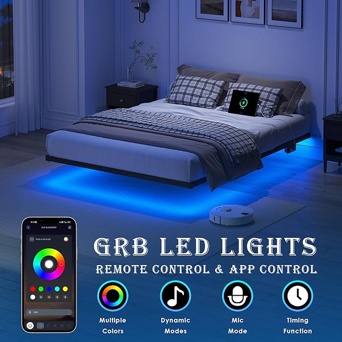 YORMDMO Floating Bed Frame King Size, Heavy Duty Bedframe with Smart LED Lights & Charging Station, Modern Metal Platform Bed, Easy Assembly No Box Spring Needed, 10 Inch