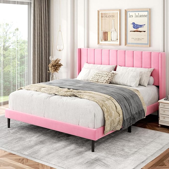 Gruwans Queen Size Bed Frame with Upholstered Wingback Headboard, Easy Assemnly Platform Bed, Wooden Slat Support No Box Spring Needed, Pink Velvet