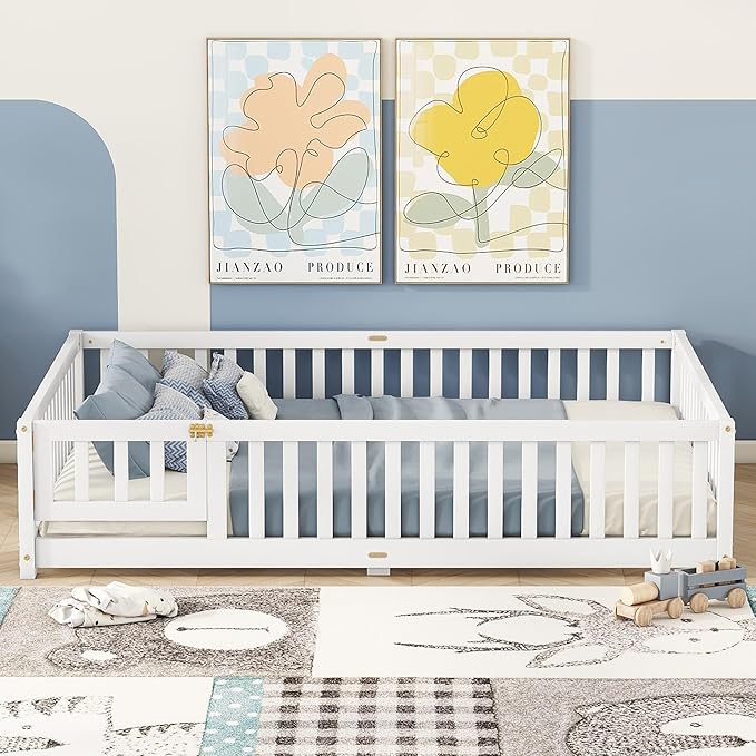 Bellemave Full Size Floor Bed with Slats and Safety Guardrail, Full Size Montessori Floor Bed with Fence and Door, Easy Assemble Montessori Beds for Kids, Girls, Boys, White