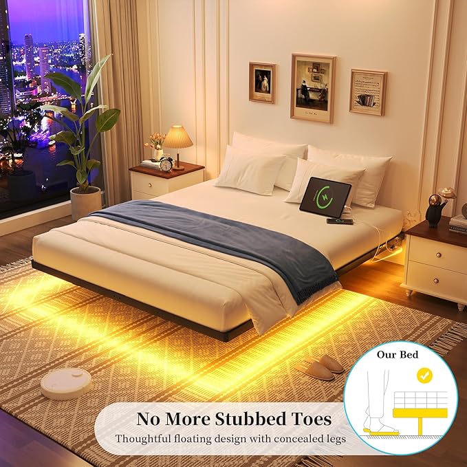 Awesofurni Floating Bed Frame Queen Size with LED Lights and Charging Station, Heavy Duty Modern Metal Platform Bed No Box Spring Needed - Easy Assembly and Noise Free