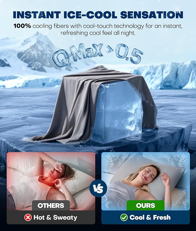Ultra-Chill Cooling Pillowcase Set of 2 for Hot Sleepers, Softer Than Silk Pillow Cases for Protecting Hair & Skin, Breathable Bed Pillow Covers w/Zipper, Gifts for Women Men(Light Gray, Queen)
