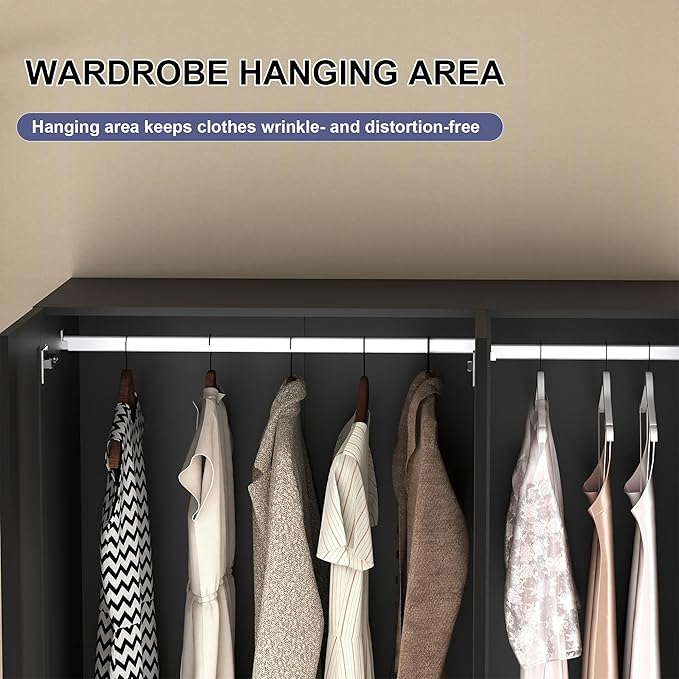 Armoire Wardrobe Closet with Drawers: 74" Black Wardrobe Close with 3 Doors, Tall Armoire with Hanging Rod, Large Wood Clothes Cabinet for Bedroom (Black, 47") (Black, 47")