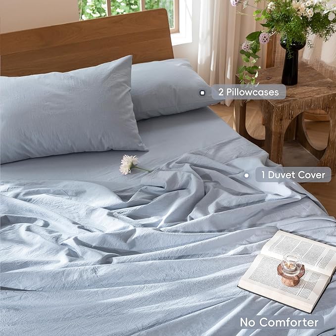 MooMee Bedding Duvet Cover Set 100% Washed Cotton Linen Like Textured Breathable Durable Soft Comfy (Heathered Cornflower Blue, Oversized Full 82"x86")