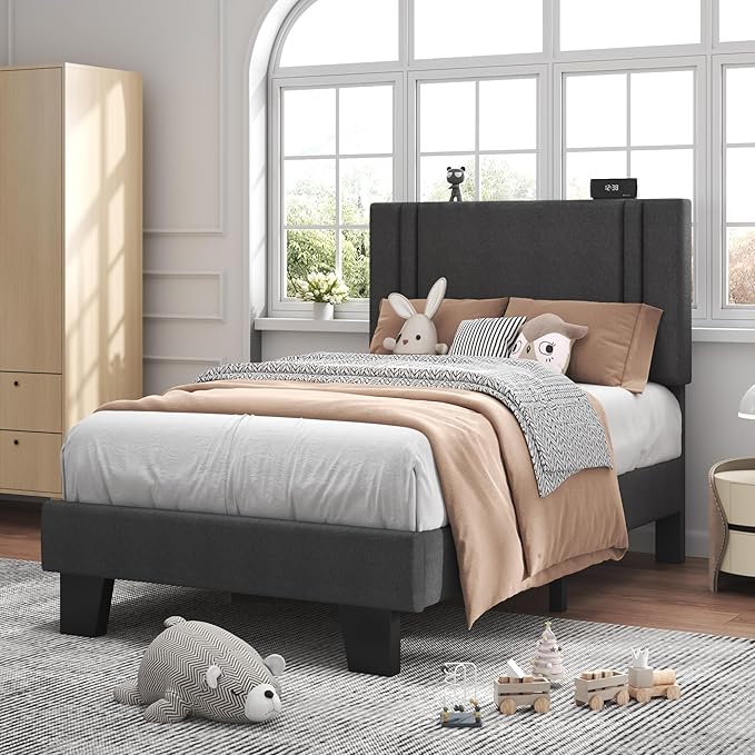 Feonase Twin Platform Bed Frame, Fabric Upholstered Twin Bed Frame, Solid Wood Slats & Heavy Duty Feet Support, No Box Spring Needed, Noise-Free, Easy Assembly, Dark Grey