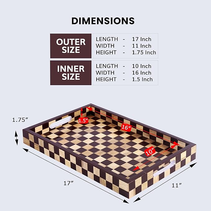 Handicrafts Home Checkered Decorative Tray 11x17 Inch, Handmade Resin Inlay Ottoman Tray, Coffee Table Centerpiece, Modern Wood Serving Tray, Brown Geometric Home Décor