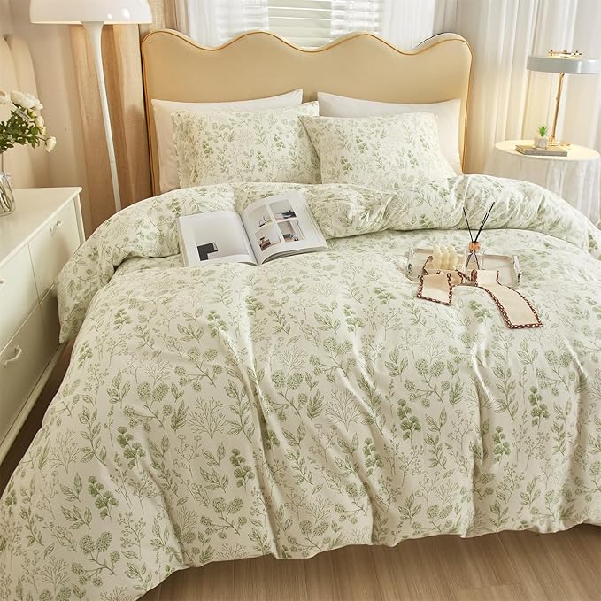 mixinni Girls Boho Green Floral Duvet Cover Set Twin XL Size Cotton Soft Aesthetic Cute Flowers Leaves Pattern Bedding Comforter Cover, 1 Queen Duvet Cover with 2 Pillowcases for All Seasons