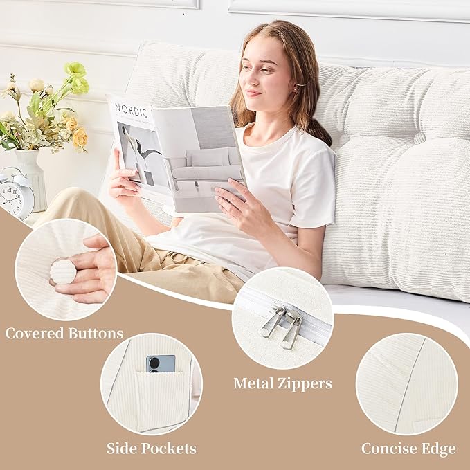 Sasttie Headboard Pillow Twin/Twin XL, Wedge Pillow Headboard for Dorm, Triangular Daybed Backrest Cushion for Sitting or Reading in Bed, with Removable Washable Cover, White