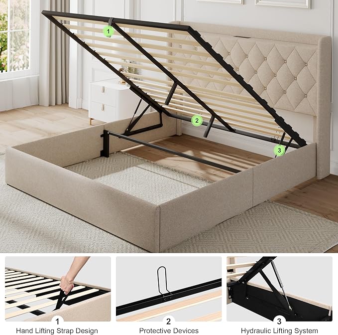 Feonase Full Size Bed Frame with Storage & Charging Station - Hydraulic Lift Up Platform Bed, Upholstered Button Tufted Headboard, Sturdy Wooden Slats, Noise-Free, No Box Spring Needed,Beige