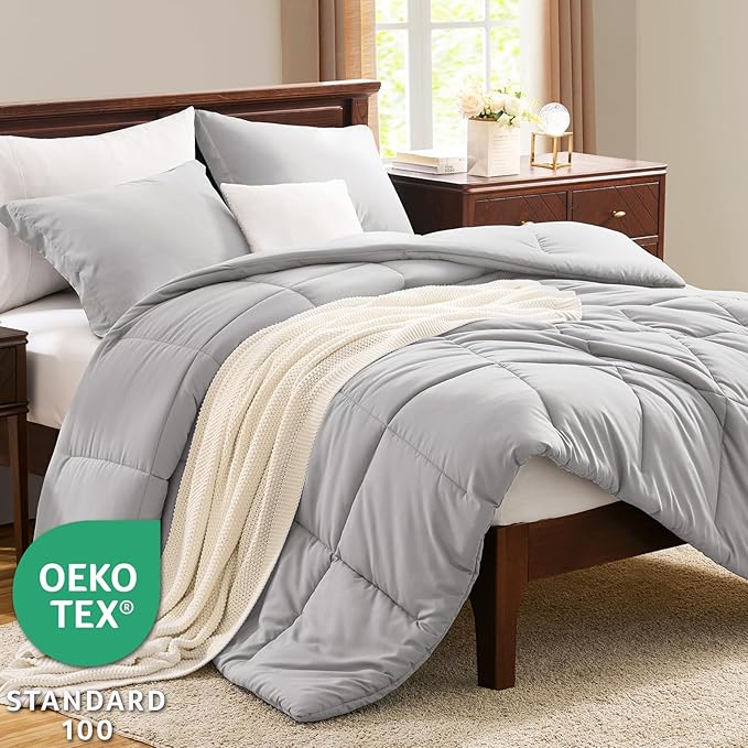 CozyLux Queen Comforter Set - 270GSM French Grey Bedding Sets for All Seasons, 3 Pieces Box Stitched Bed Set with 1 Down Alternative Comforter and 2 Pillow Shams, Soft, Lightweight, Breathable