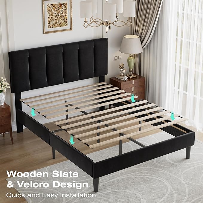 VECELO Queen Bed Frame with Upholstered Headboard, Heavy-Duty Platform Bedframe with Strong Wooden Slats Support, No Boxing Spring Needed, Velvet & Black