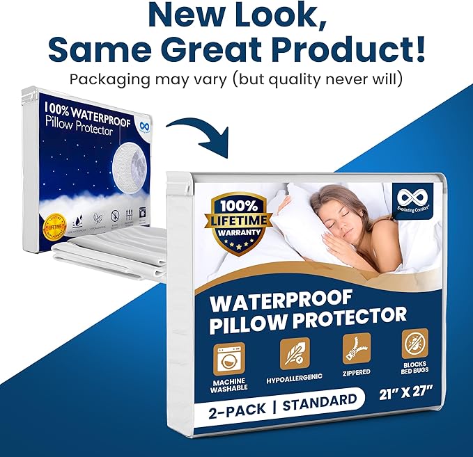 100% Stain Resistant & Waterproof Standard Size Pillow Protectors with Zipper Set of 2 - Bed Bug & Dust Mite Proof White Pillowcases - Breathable, Comfortable Covers for Pillows, 21 x 27 Inches
