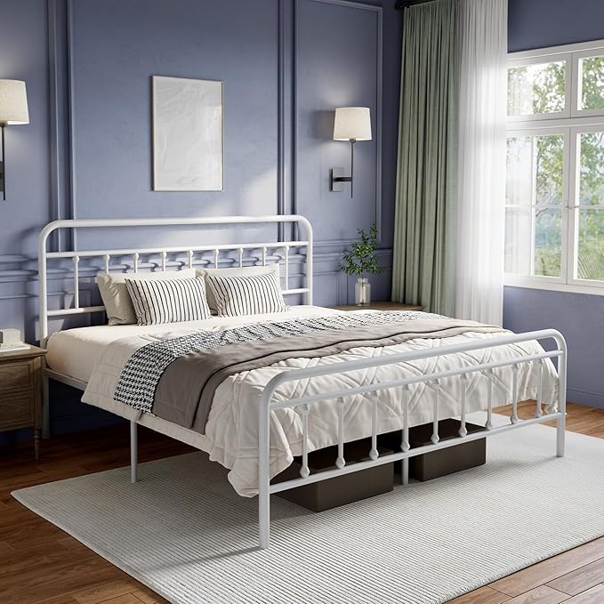 Novilla Metal King Size Bed Frame - Modern Minimalist Victorian Style with Headboard/Footboard, Heavy-Duty Steel Slats/Underbed Storage/No Box Spring Needed/Easy Assembly/Noise Free/White