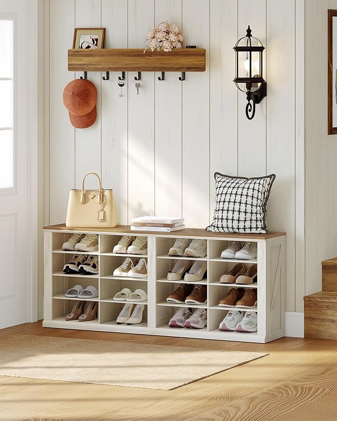 Hzuaneri Farmhouse Shoe Storage Bench, Entryway Shoe Cubby Bench, Widened Wooden Shoes Cubbies with Compartments, Shoes Rack Benchs for Cloakroom, Entryway, Antique White SB24614X
