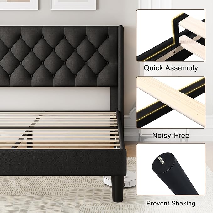 Einhomn Black Platform Bed Frame Full Size with Fabric Upholstered Wingback Headboard, 12" Under Bed Space, Wooden & Metal Slats Support, No Box Spring Needed