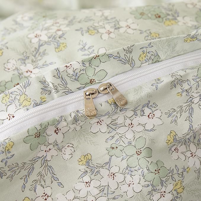 VM VOUGEMARKET Vintage Green Flower Duvet Cover Set Queen Fresh Botanical Bedding Set 100% Cotton Reversible Vintage Comforter Cover with Zipper&Ties