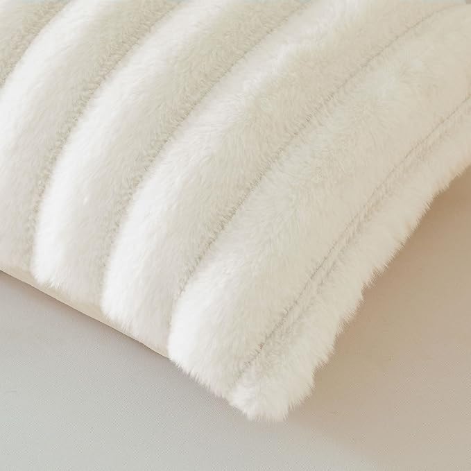 MEGO Fluffy Faux Rabbit Fur Body Pillow Cover, Cozy Plush Fuzzy Wide Striped 20x54 Ivory Body Pillowcase, Decorative Shaggy Furry Zippered Bedroom Long Pillow Cover for Pregnancy Side Sleeper, Beige