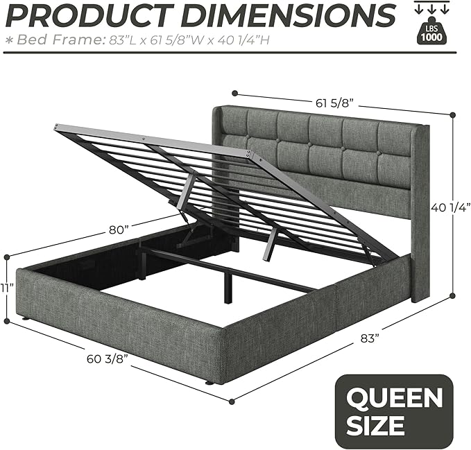 HISOFT Queen Size Lift Up Storage Bed Frame, Linen Upholstered Platform Bed with Wingback Headboard, Heavy Duty Hydraulic Gas Lift Underbed Space, Reinforced Full Metal Slats, Noise Free, Grey