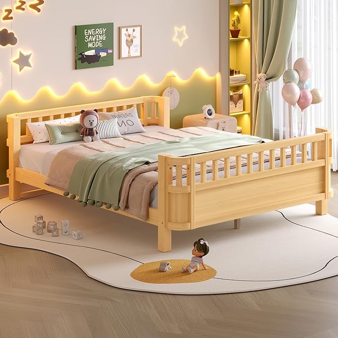 Bellemave Full Size Montessori Bed with Fence and Slats, Full Size Low Platform Bed Frame with Detachable Side Bed Rails and Rounded Corner Design, Easy Assemble Montessori Bed Natural
