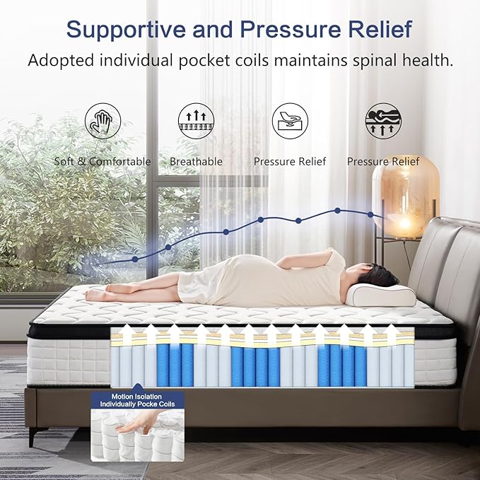 12 Inch King Hybrid Mattress, Memory Foam and Spring Construction, with Edge Support, Motion Isolation & Pressure Relief, Breathable & Eco-Friendly, Easy Setup