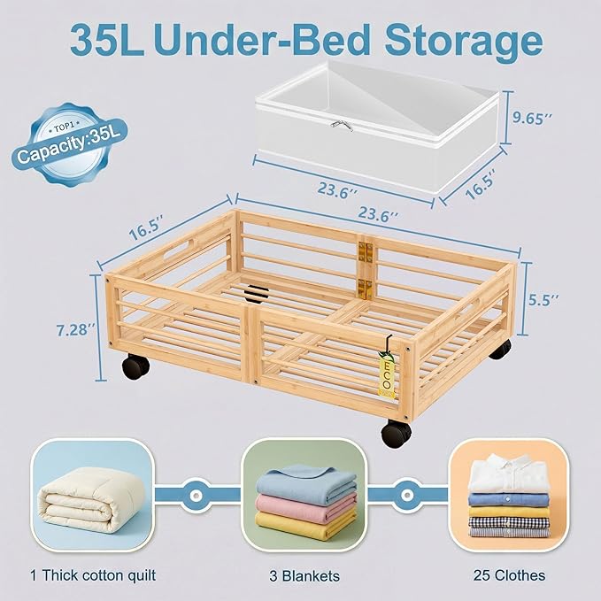Bamboo Underbed Storage Containers with Wheels & Bag 2 Pack, Large Under Bed Rolling Storage Bins Wood Under Bed Clothes Storage Stackable Drawers for Bedroom Closet Under Crib Toy(Natural)