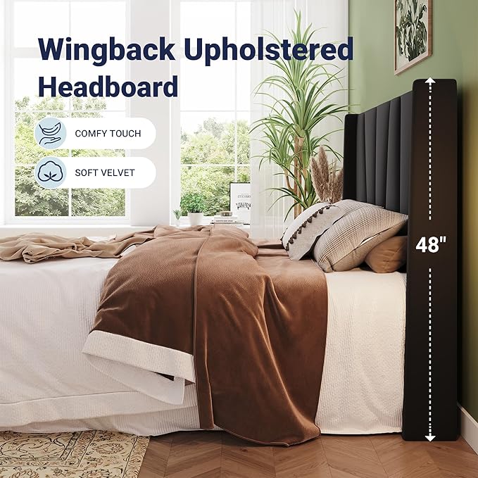 Allewie Full Size Platform Velvet Bed Frame with Geometric Wingback Headboard, Boho Upholstered Bed with Wooden Slats Support, No Box Spring Needed, Easy Assembly, Black