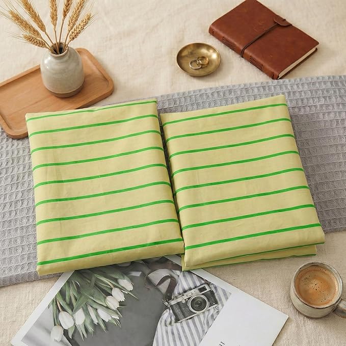 Merryword 100% Cotton Pillow Cases, King Size Pillowcases, Khaki & Green Striped Pillowcases, Luxury Linen Like Pillowcase, Soft Breathable Track Stripes Pillow Covers, Set of 2