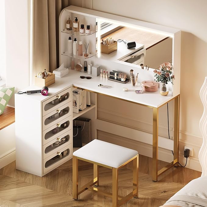 DWVO Vanity Desk with LED Lighted Mirror and 3 Lighting Modes, L-Shaped Corner Vanity Table, 48" Large Dressing Table with 5 Tempered Glass Drawers with Open Storage Shelves, White