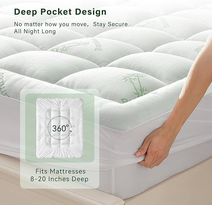 Anluoer Queen Mattress Topper Memory Foam, Rayon Derived from Bamboo Pillow Top Mattress Topper for Back Pain Relief, Cooling Soft Mattress Pad with 8-21" Deep Pocket, 60x80 Inches, White