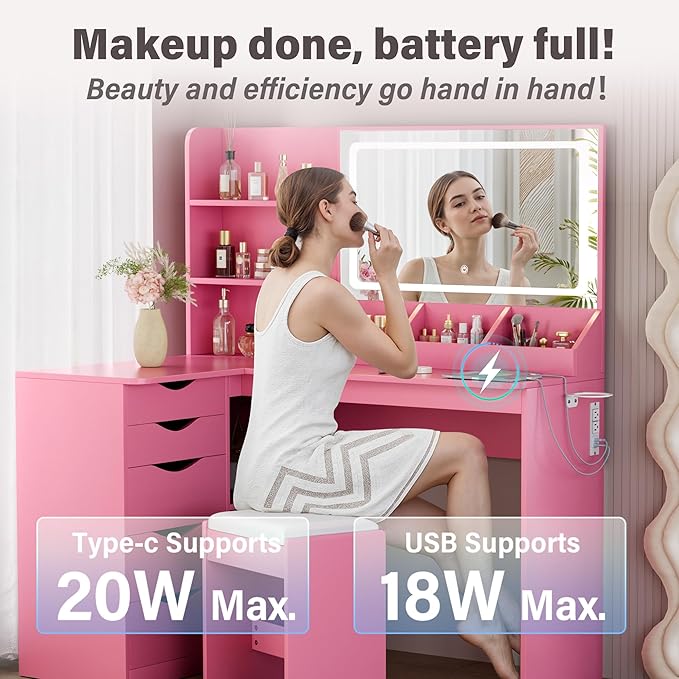 Furmax Vanity Desk with Mirror, L Shape Vanity, LED Lighted Mirror, with Power Outlet and 3 Storage Shelves, Makeup Table with 5 Drawers, 3 Color Modes, for Bedroom(Pink)