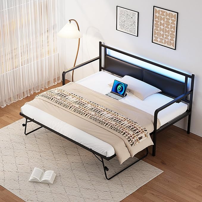 VINGLI Twin Daybed with Pop Up Trundle,Sofa Day Bed with LED Light & Charing Station,Pull Out Bed with Steel Slat Support & Upholstered Headboard, Platform Bed Frame, Black
