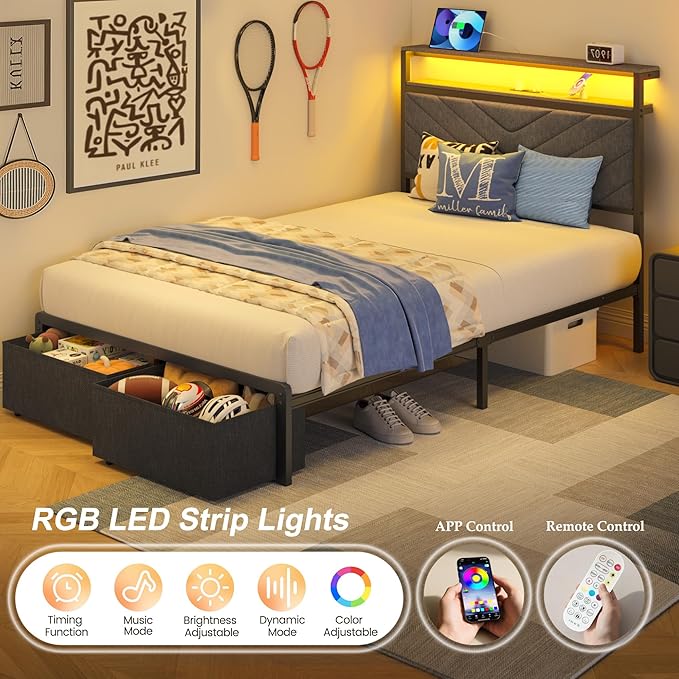 HISOFT Twin Bed Frame with Charging Station, LED Lights & 2 Storage Drawers, Grey Platform Bed with Upholstered Headboard, Under-Bed Storage, No Box Spring Needed, Easy Assembly, Strong Metal Support