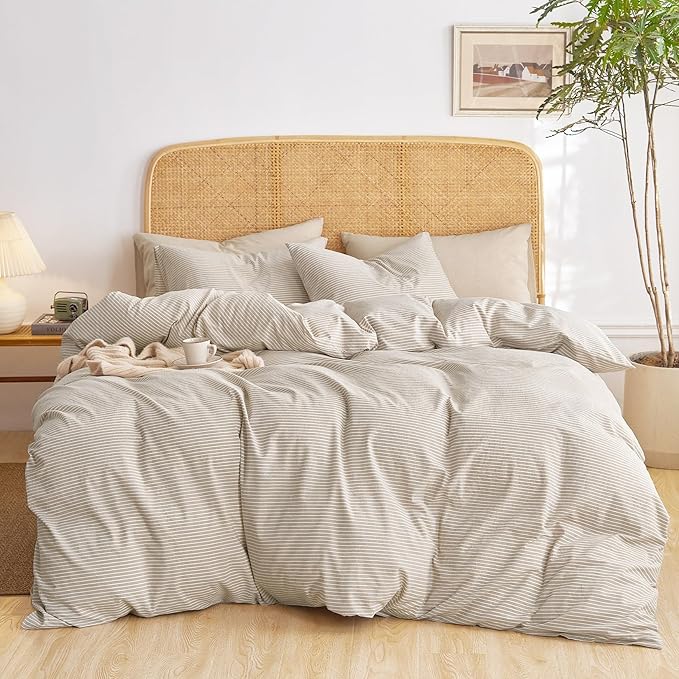 Wake In Cloud - Striped Cotton Duvet Cover Set, 100% Washed Cotton Textured Percale Bedding Set, Ticking Stripe Pinstripe Farmhouse, 3 Pieces, Tan, Full Size