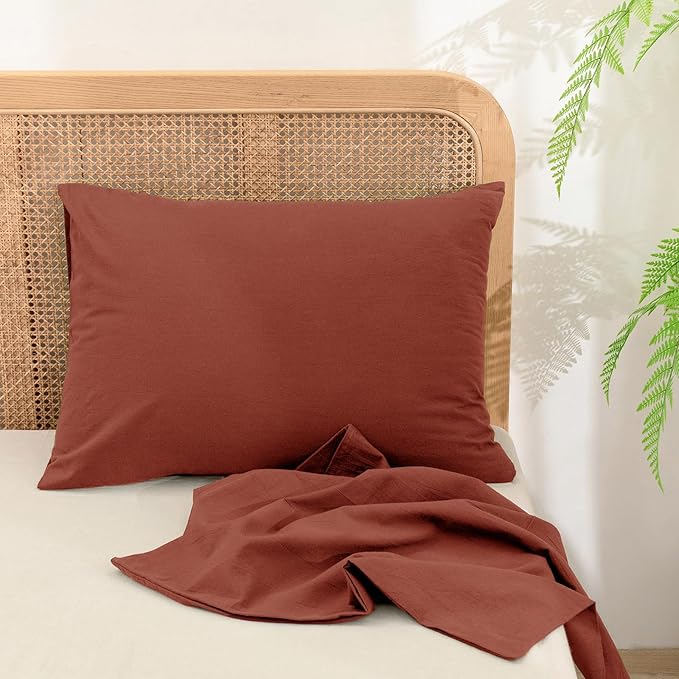 BESTOUCH 100% Washed Cotton Pillowcase for Hair and Skin Linen Feel Soft Comfortable Breathable 2 Set Pillow Case with Envelope Closure Solid Crimson Red Queen 20x30 Inches