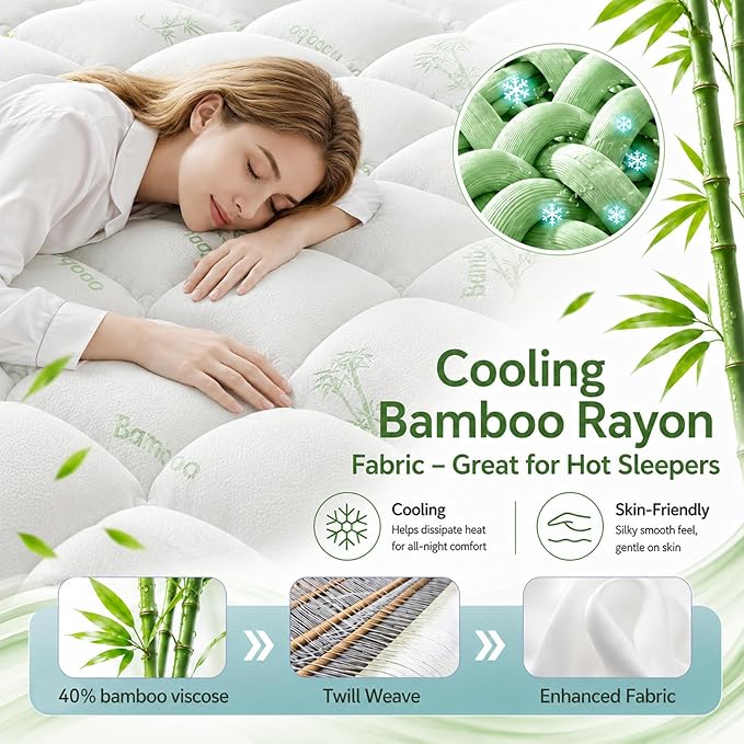 Anluoer Queen Mattress Topper Memory Foam, Rayon Derived from Bamboo Pillow Top Mattress Topper for Back Pain Relief, Cooling Soft Mattress Pad with 8-21" Deep Pocket, 60x80 Inches, White