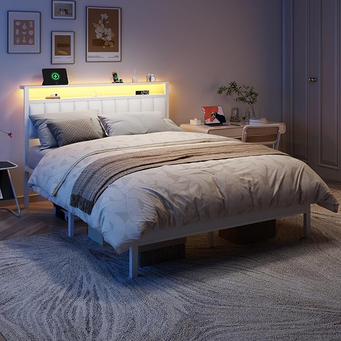 Furnulem White Queen Bed Frame with Charging Station & Led Lights, PU Leather Upholstered Headboard with 2-Tier Storage Shelves, No Box Spring Needed, Metal Slat Support, Easy Assembly