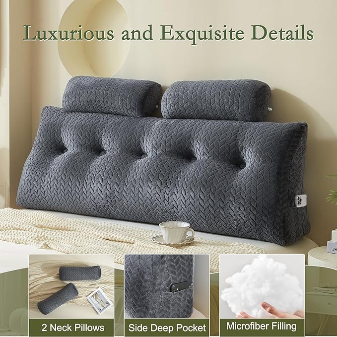 YOUR MOON Wedge Headboard Pillow King Size, Triangular Wedge Backrest Pillow with 1 Pack Neck Roll Pillows, Headboard Pillow for Bed,Daybed,and Lounging, Large Bed Bolster Pillows,Dark Gray