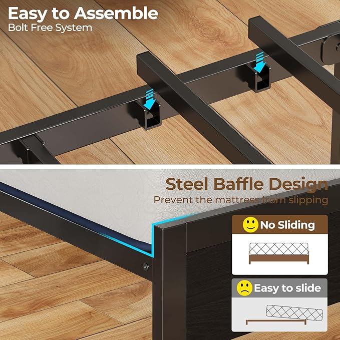 Rolanstar Queen Bed Frame with LED Lights, Upholstered Headboard, Charging Station, Storage Shelves, Heavy Duty Metal Slats, No Box Spring Needed, Noise Free, Easy Assembly, Grey