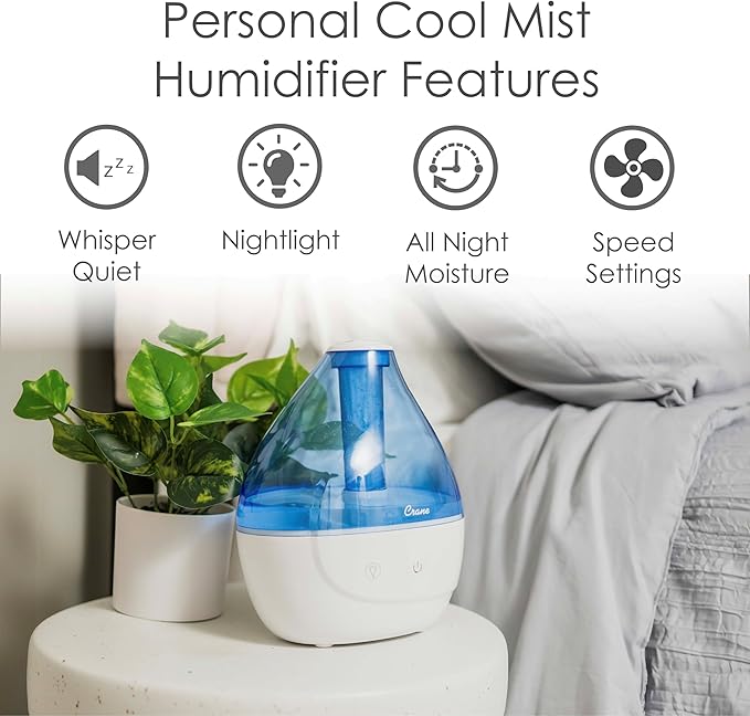 Crane Personal Ultrasonic Cool Mist Humidifier – 1.5 Liter, 8-Hour Run Time, Whisper Quiet, Auto Shut-Off, Filter-Free for Small Rooms, Offices, Nursery, Travel