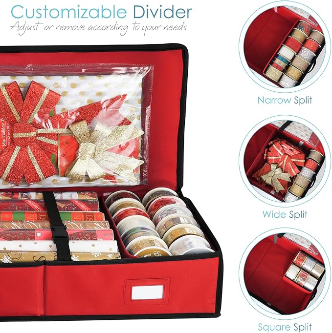 Hearth & Harbor Wrapping Paper Storage Container - Christmas Storage Bag with Interior Pockets - Gift Wrap Organizer Fits Up to 22 Rolls of 40" - Tear Proof, Red