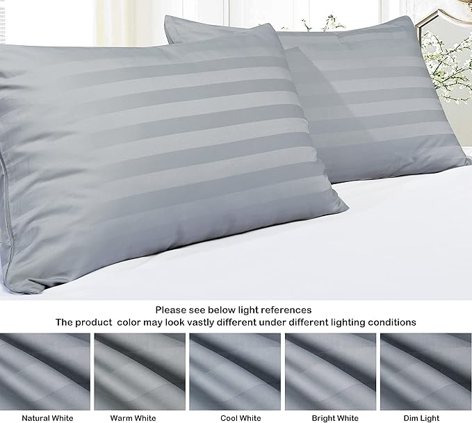 100% Egyptian Cotton Pillow Protectors Set of 2, 400 Thread Count Sateen Weave Cooling Pillowcase, Easy Care Zippered Style Pillow Covers (Stripe-Gray, Standard)