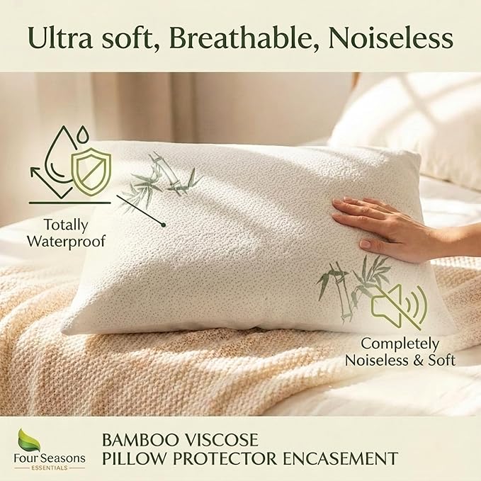 Four Seasons Essentials Standard Size Waterproof Pillow Protectors (Set of 2) - Natural Viscose derived from Bamboo Pillow Covers - Zippered Encasements for 20" x 26" Pillows