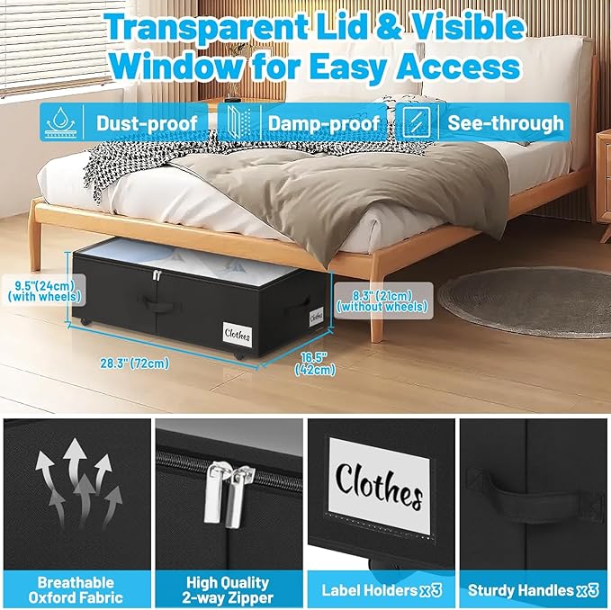 Under Bed Storage with Wheels, 2-Pack 10" Height XXL 60L Rolling Storage Bins, Quick Assembly Underbed Shoe Storage Containers with Clear Lid & Label, Dorm Under Bed Drawers for Clothes, Shoes, Grey
