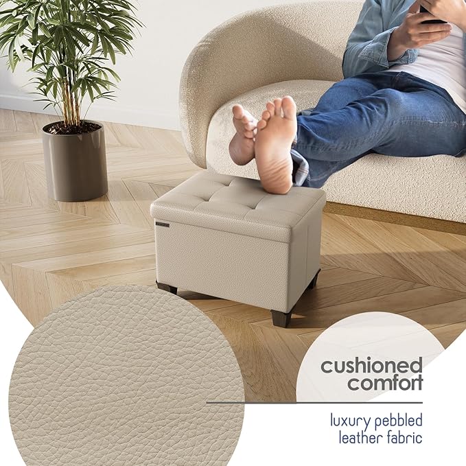 Storage Ottoman Cube with Small Bin, 16-in Square Ottoman with Storage for Living Room and Bedroom, Small Ottomans Foot Rest, Leather Foot Stools Ottomans Max 330lbs, Beige