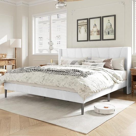 HAOARA King Bed Frame with Headboard, Velvet Upholstered Platform Bed Frames with Wingboard, Contemporary Mattress Foundation, Noise Free, No Box Spring Needed, Easy Assembly, White