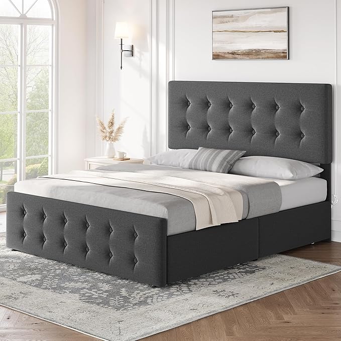 IDEALHOUSE Full Size Bed Frame with 4 Storage Drawers and Adjustable Headboard, Upholstered Mattress Foundation with Skin-Frienly Linen, No Box Spring Needed, Dark Grey (Full)