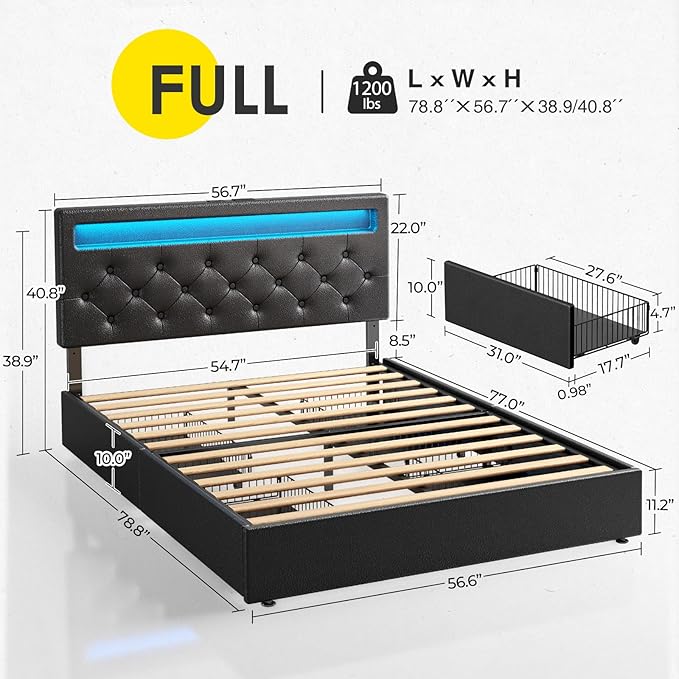 Rolanstar Full Size Bed Frame with 4 Drawers and Charging Station,Twin Bed with Led Lights, 2 USB and 1 Type C, Adjustable Upholstered Headboard 38.9/40.8 Inches, Sturdy, No Box Spring Needed, Black